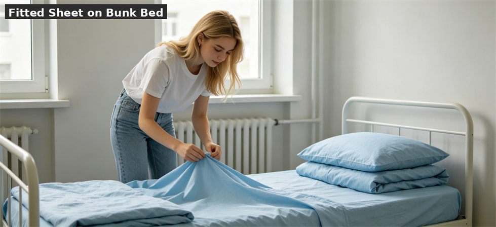 Student making bed with school fitted sheet scene for school dormitory supplies procurement and institutional supply planning