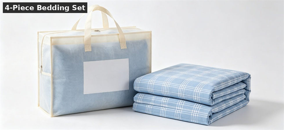 School bedding 4 piece set in woven bag white bg for school dormitory supplies procurement and institutional supply planning