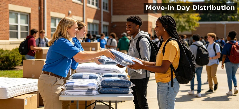 School move in day students receiving bedding scene for school dormitory supplies procurement and institutional supply