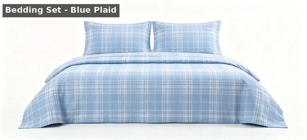 Light blue plaid school bedding set white background for school dormitory supplies procurement and institutional supply