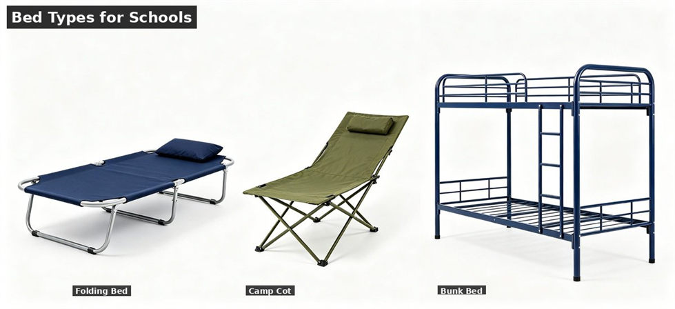 Three school bed types bunk folding cot comparison for school dormitory supplies procurement and institutional supply