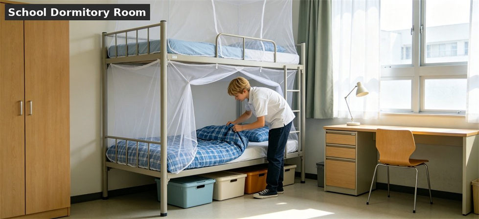 School dormitory room bunk bed student scene for school dormitory supplies procurement and institutional supply planning