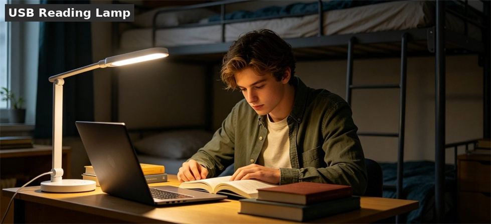 Student studying with school desk lamp scene for school dormitory supplies procurement and institutional supply planning