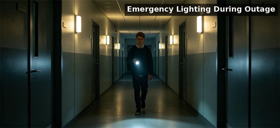 School dormitory corridor power outage flashlight scene for school dormitory supplies procurement and institutional supply