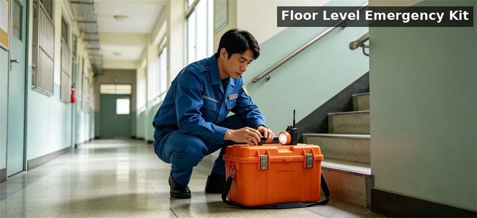 Asian worker checking floor emergency kit dormitory for school dormitory supplies procurement and institutional supply