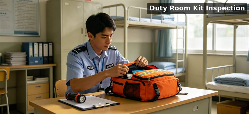 Asian worker checking emergency kit dormitory duty room for school dormitory supplies procurement and institutional supply