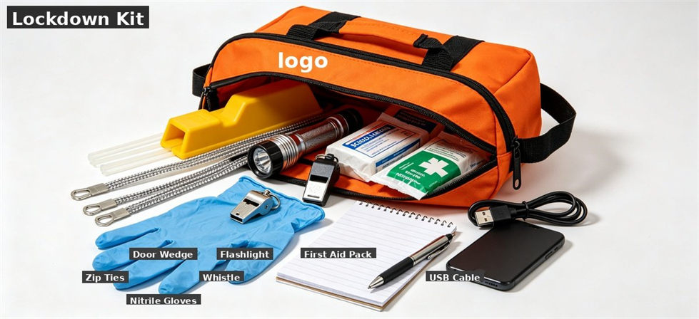 Orange school lockdown kit contents display for school dormitory supplies procurement and institutional supply planning