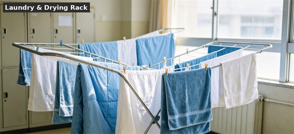 School dormitory laundry drying rack scene for school dormitory supplies procurement and institutional supply planning