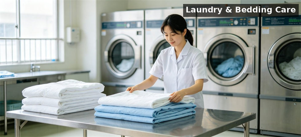 Asian worker folding school bedding laundry room for school dormitory supplies procurement and institutional supply planning