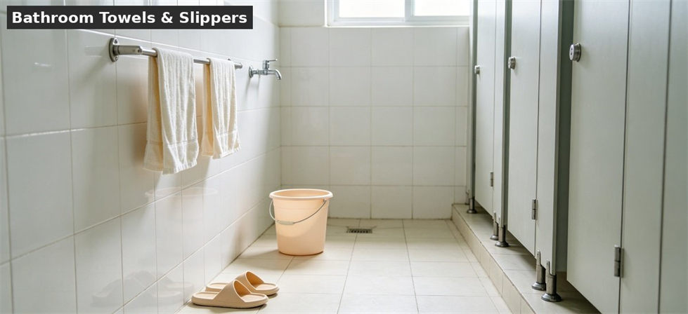 School dormitory bathroom with towels and slippers for student accommodation supply planning