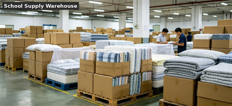 School bedding supplies warehouse stacked boxes for school dormitory supplies procurement and institutional supply planning
