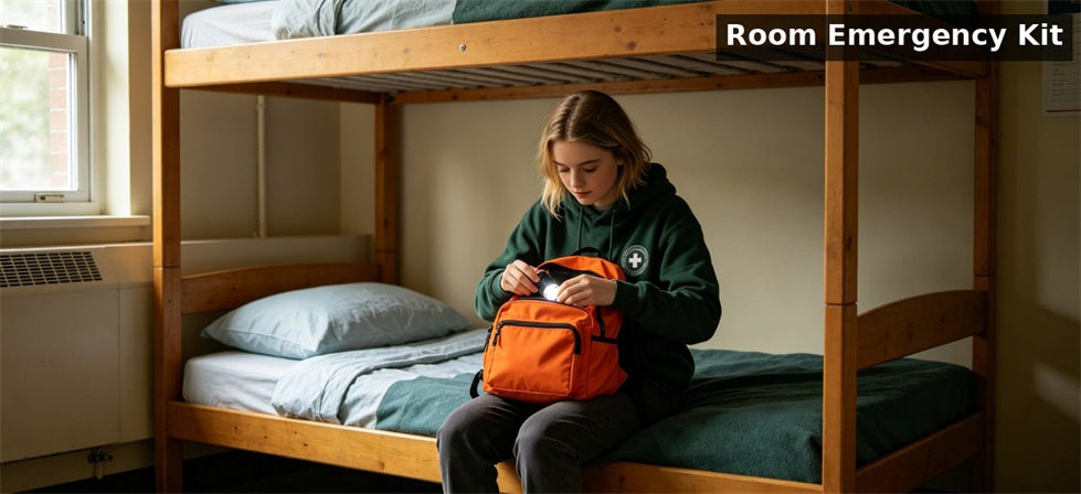 Student opening orange emergency kit dormitory room for school dormitory supplies procurement and institutional supply
