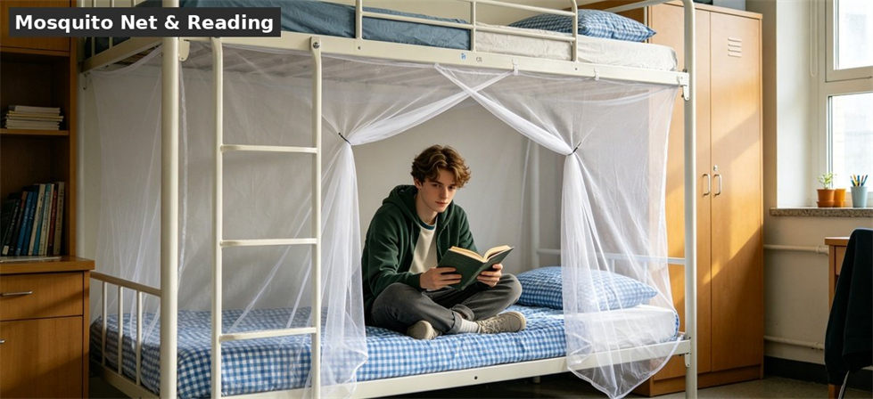 Student reading under school mosquito net bunk bed for school dormitory supplies procurement and institutional supply