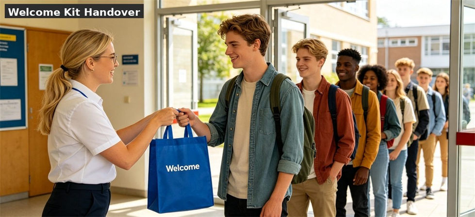 School welcome kit handed to a new student for dormitory move-in and bedding supply planning