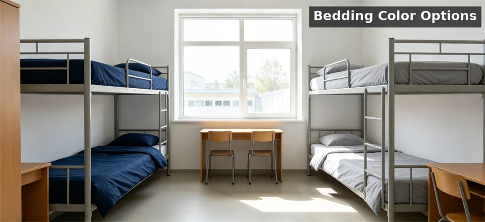 School dormitory room two bunk beds navy grey bedding for school dormitory supplies procurement and institutional supply