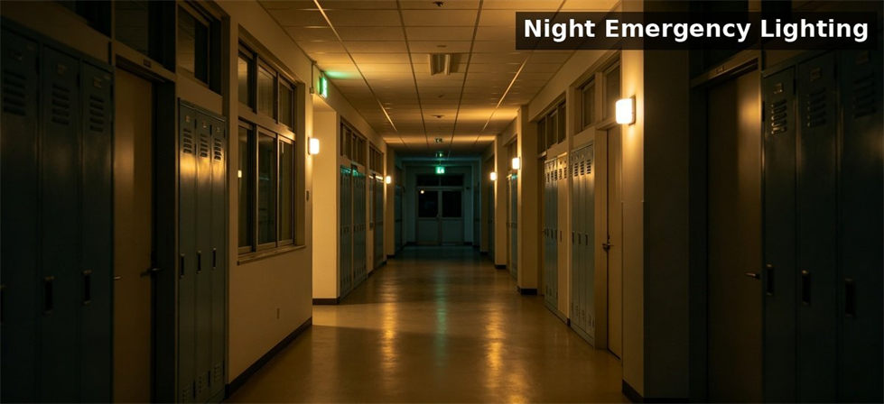 School dormitory corridor with emergency lights at night for student safety and facility planning