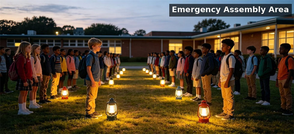 School emergency assembly students with lanterns for school dormitory supplies procurement and institutional supply planning