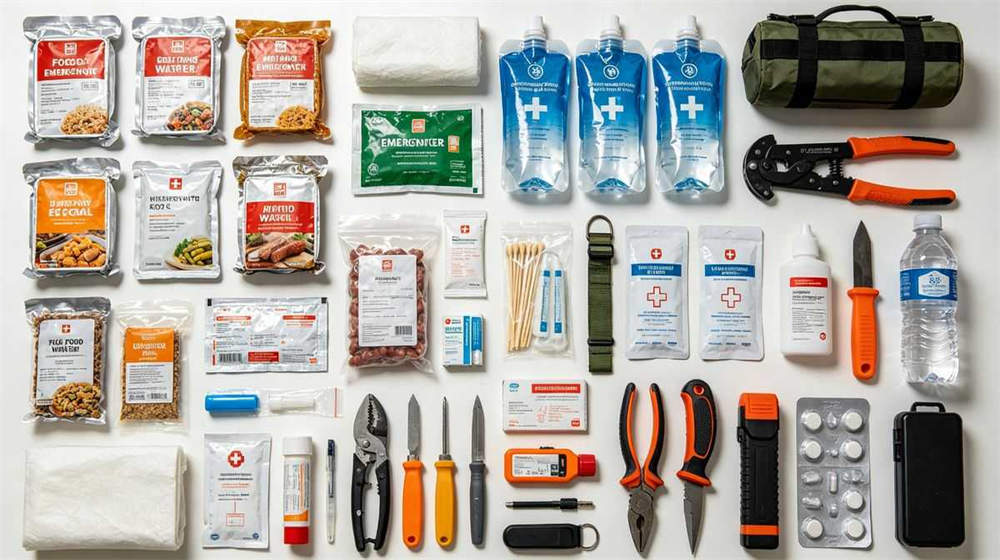 Emergency kit contents categorized display food water first aid tools arranged in groups top view