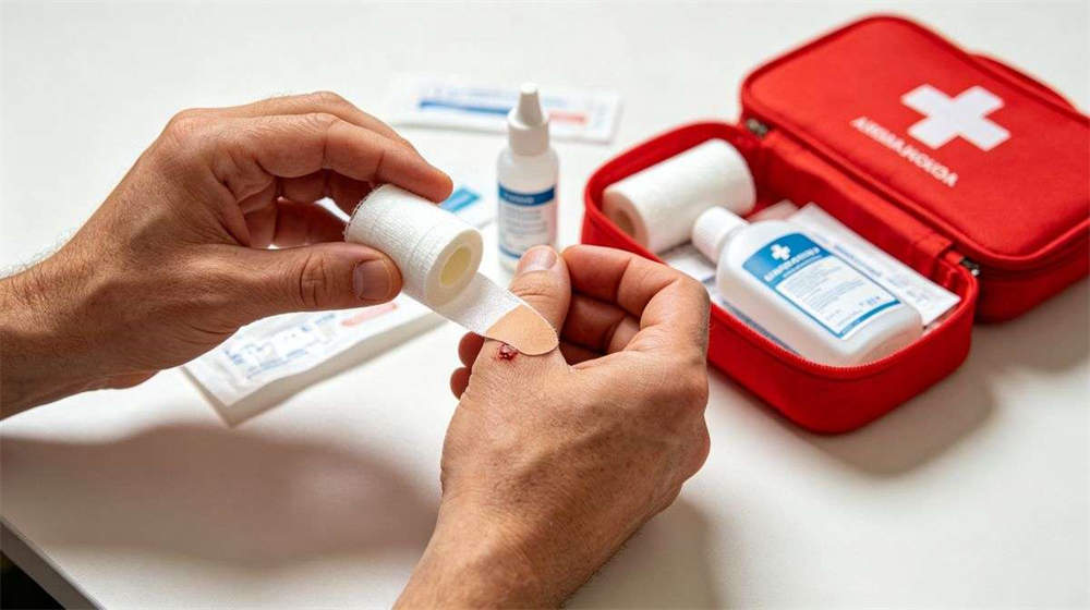 First aid kit being used to treat minor wound with bandages and antiseptic clean bright lighting First aid kit being used to treat minor wound with bandages and antiseptic clean bright lighting