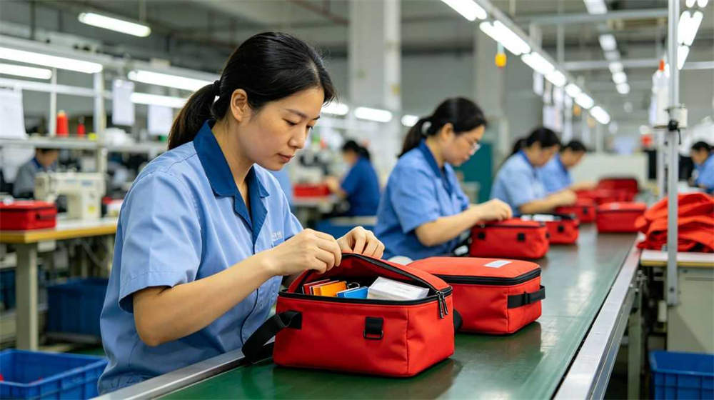 Factory quality control inspection worker checking emergency kit zippers and contents on production line Factory quality control inspection worker checking emergency kit zippers and contents on production line