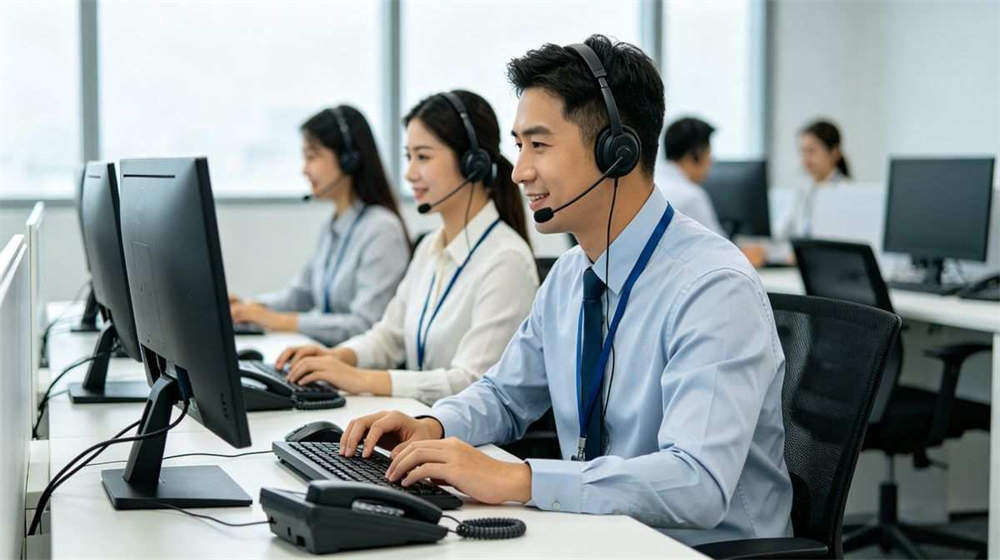 Customer service team handling emergency kit inquiries at office with computers and phones Customer service team handling emergency kit inquiries at office with computers and phones