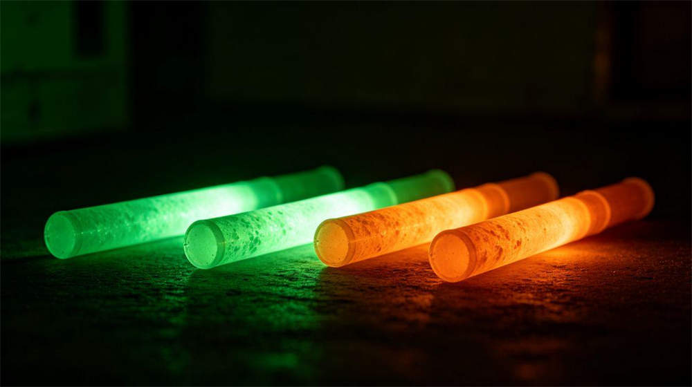 Chemical light sticks glowing green and orange in dark emergency room dramatic lighting Chemical light sticks glowing green and orange in dark emergency room dramatic lighting