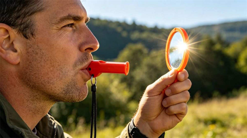 Person using emergency whistle and signal mirror reflecting sunlight outdoors for rescue signaling Person using emergency whistle and signal mirror reflecting sunlight outdoors for rescue signaling