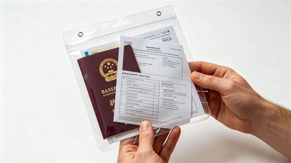 Waterproof document pouch with passport insurance and emergency contact papers held by hands Waterproof document pouch with passport insurance and emergency contact papers held by hands