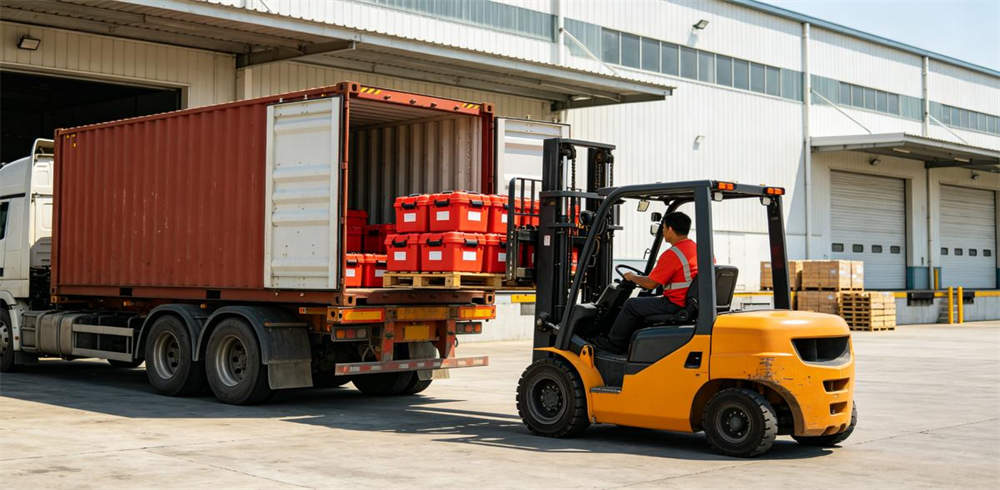 Forklift loading emergency kits into shipping container on truck at warehouse dock
