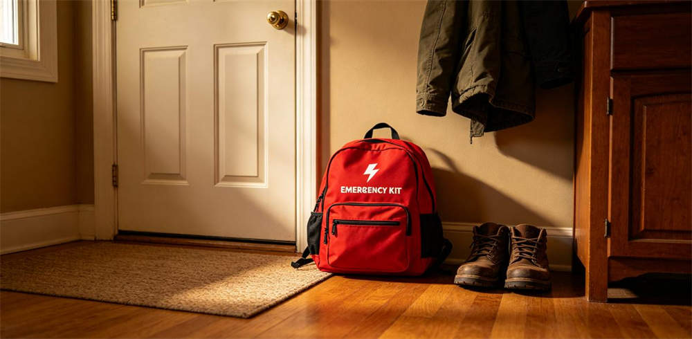 Household emergency kit placed near front door entrance for quick access Household emergency kit placed near front door entrance for quick access