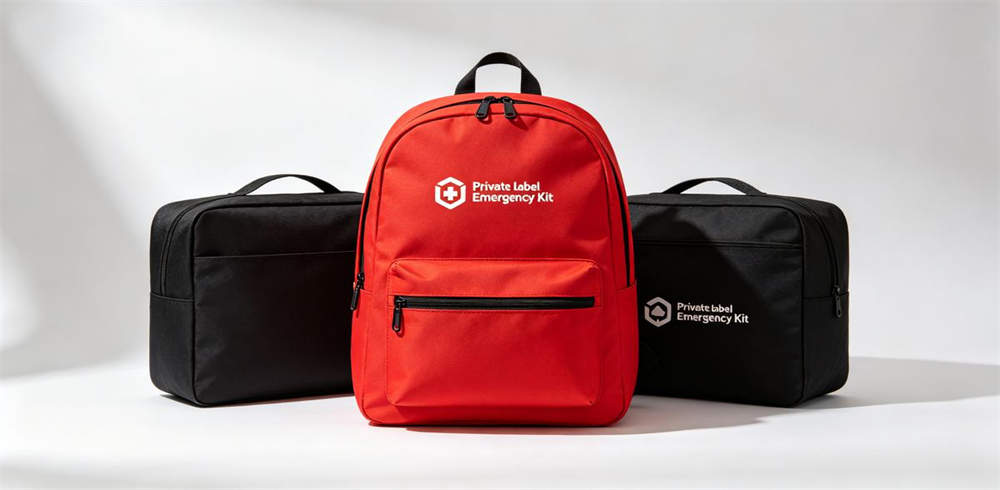 Private label emergency kit samples with custom logo printing in red black and orange Private label emergency kit samples with custom logo printing in red black and orange