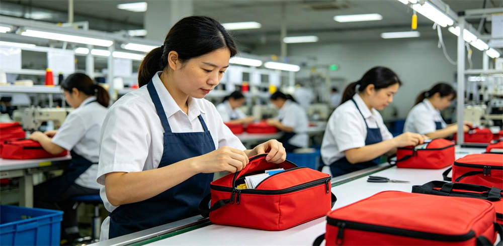 Quality control worker inspecting emergency kit zippers stitching and contents on production line Quality control worker inspecting emergency kit zippers stitching and contents on production line