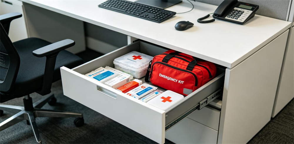Office emergency kit and first aid supplies stored in open desk drawer Office emergency kit and first aid supplies stored in open desk drawer