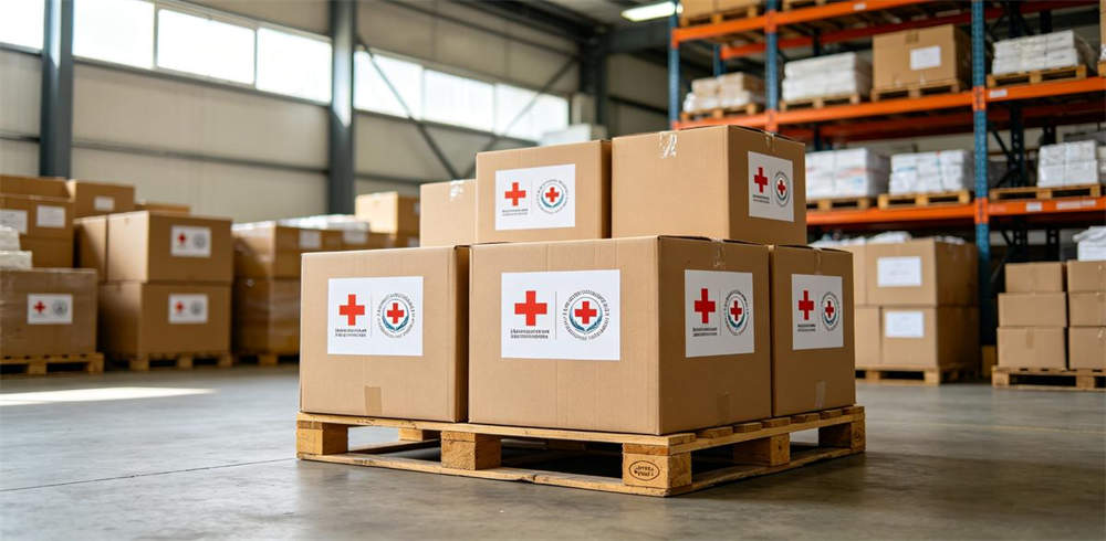 Humanitarian emergency kits packed in cartons with organization labels ready for shipping Humanitarian emergency kits packed in cartons with organization labels ready for shipping