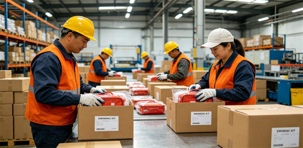Workers packing emergency kits into export cartons with labels at factory warehouse