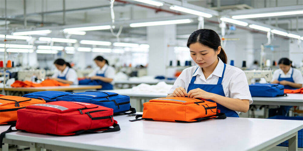 Emergency kit factory production scene, factory workers assembling colorful emergency kit bags on production line, manufacturing emergency preparedness bags for emergency supply making