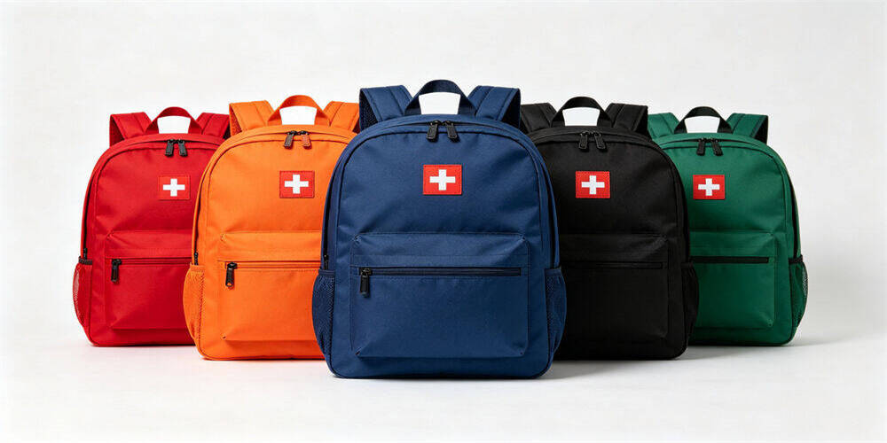 Emergency kit multicolor backpacks, assorted‑color medical emergency backpacks with cross logo displayed against plain background, multi‑color first aid rucksacks for emergency response preparation