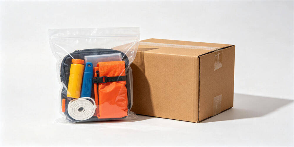 Emergency‑kit‑waterproof‑packaging, emergency kit sealed in transparent waterproof zip bag with inner supplies displayed, beside carton box for product packing and shipment preparation