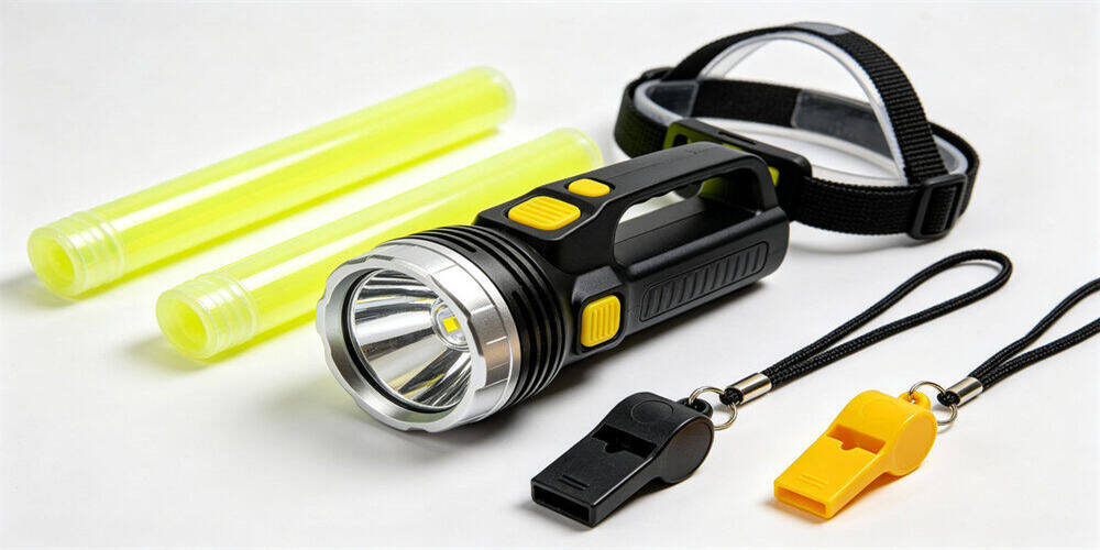 Emergency lighting items collection, portable hand‑held flashlight, glow sticks and emergency whistles displayed, essential signal and lighting accessories for outdoor emergency preparedness