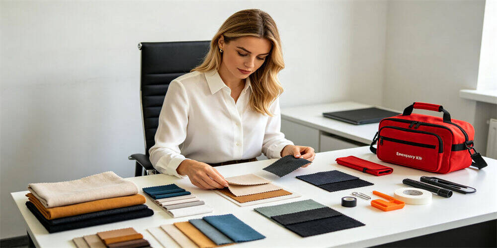 Emergency kit buyer inspection scene, reviewer checking various fabric swatches on desk, red emergency kit bag placed aside for material selection and quality evaluation