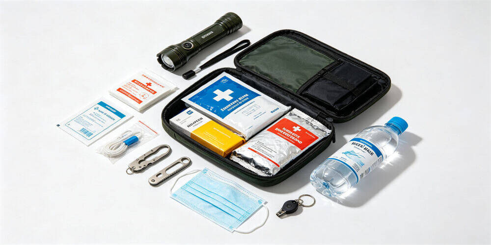 Emergency kit contents flatlay, open emergency bag laid flat with full‑range supplies displayed, including first‑aid articles, mask, water bottle and multi‑tool for emergency preparedness