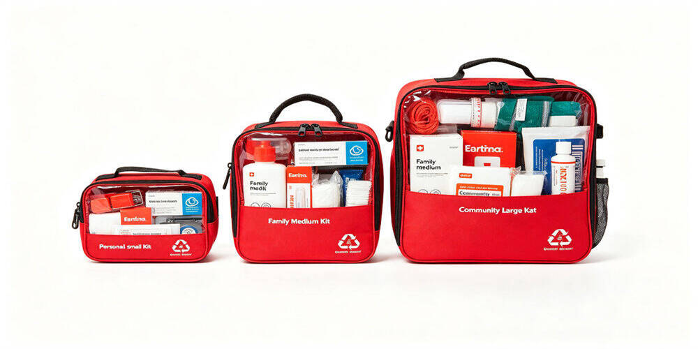 Emergency kit size comparison, three red first‑aid kits of small, medium and large specifications displayed side by side, transparent window showing internal supplies for different‑scenario emergency usage