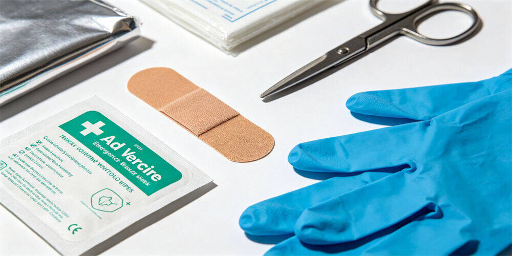 First aid supplies detail, close‑up shot of assorted medical accessories including adhesive bandage, disinfectant wipe, scissors and disposable blue gloves for wound care and emergency treatment First aid supplies detail, close‑up shot of assorted medical accessories including adhesive bandage, disinfectant wipe, scissors and disposable blue gloves for wound care and emergency treatment