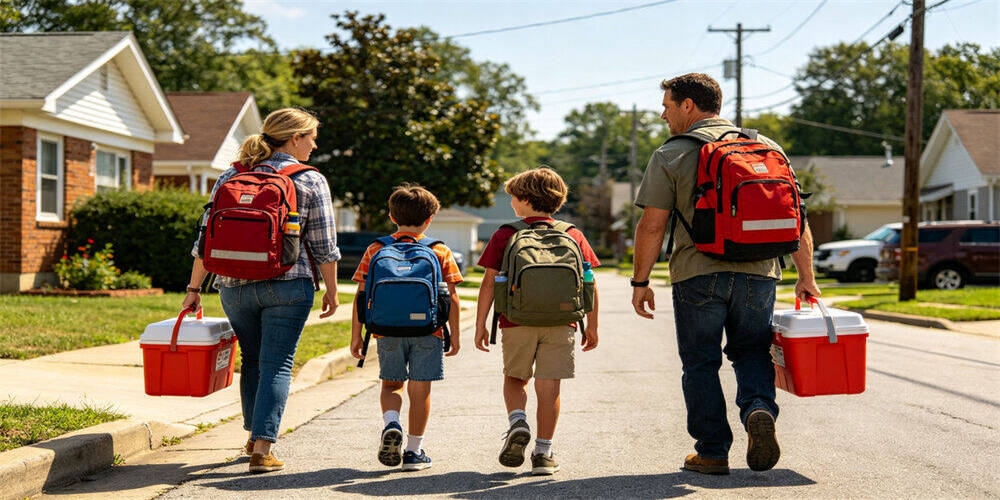 Emergency kit family evacuation scene, family preparing for emergency evacuation, carrying emergency kit, simulating household emergency escape for disaster preparedness and home safety drill Emergency kit family evacuation scene, family preparing for emergency evacuation, carrying emergency kit, simulating household emergency escape for disaster preparedness and home safety drill