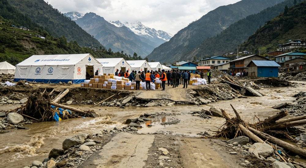 Nepal mountain flood disaster scene with damaged roads and flooded villages, emergency relief supplies distribution Nepal mountain flood disaster scene with damaged roads and flooded villages, emergency relief supplies distribution