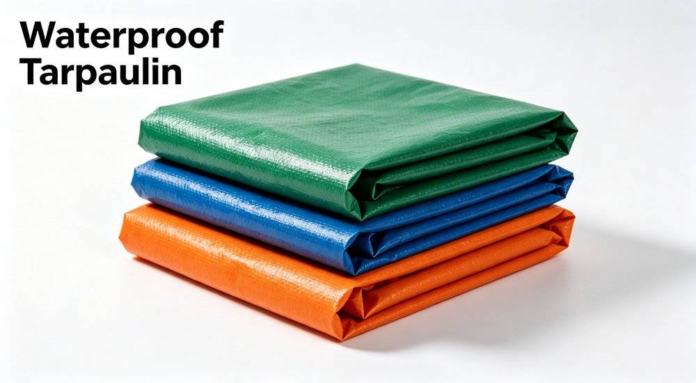 Heavy duty waterproof tarpaulin sheets in green blue orange colors, emergency flood protection covers