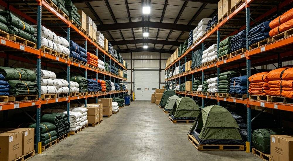 Government emergency supplies warehouse large storage facility with shelves full of relief supplies tents blankets tarps