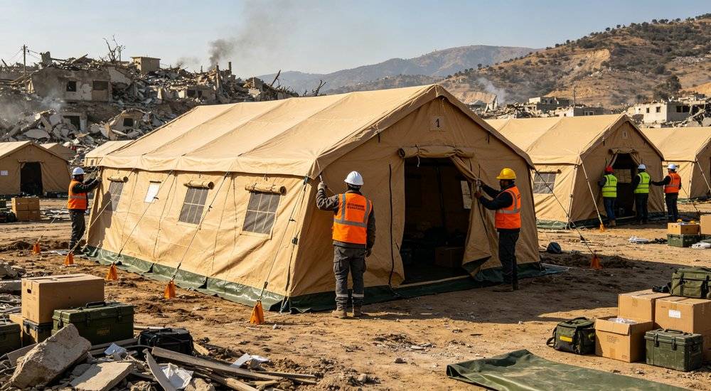 Workers setting up large family size emergency relief tents in disaster affected area Workers setting up large family size emergency relief tents in disaster affected area