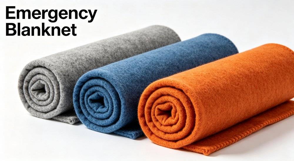 Warm wool blend emergency blankets in gray blue orange colors, thermal insulation blankets for disaster relief