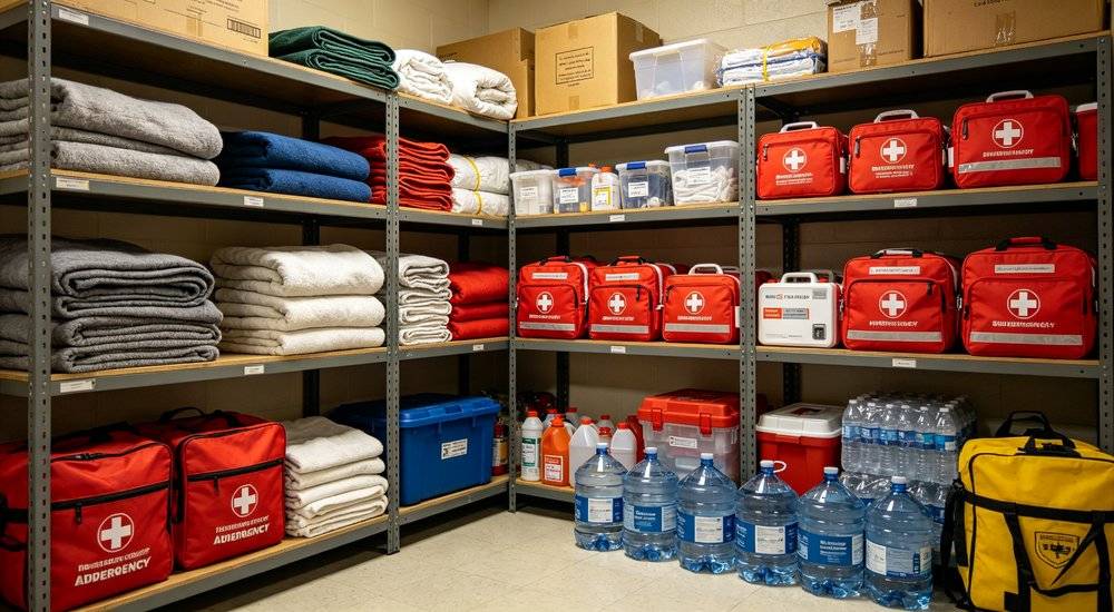 School emergency supplies storage room with shelves of blankets first aid kits water emergency kits